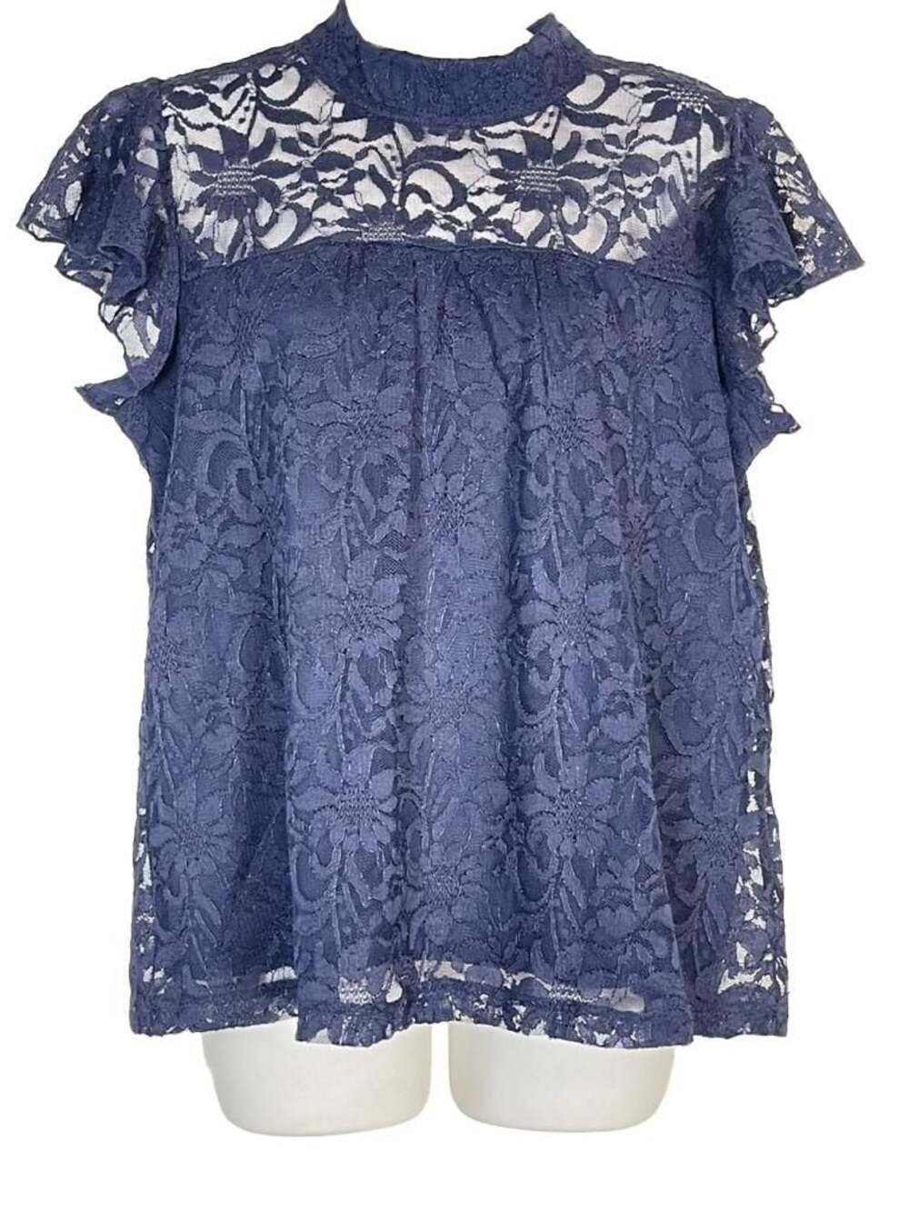 Shannon Ford New York Petite Navy Blue Lace Mock Neck Flutter Sleeve Top